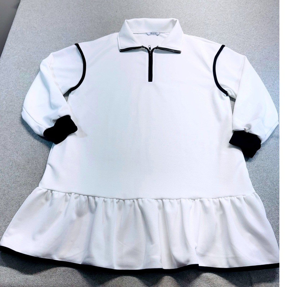 Wenrine Womens L White Black Quarter Zip Ruffle Hem Athleisure Mini Dress Sporty